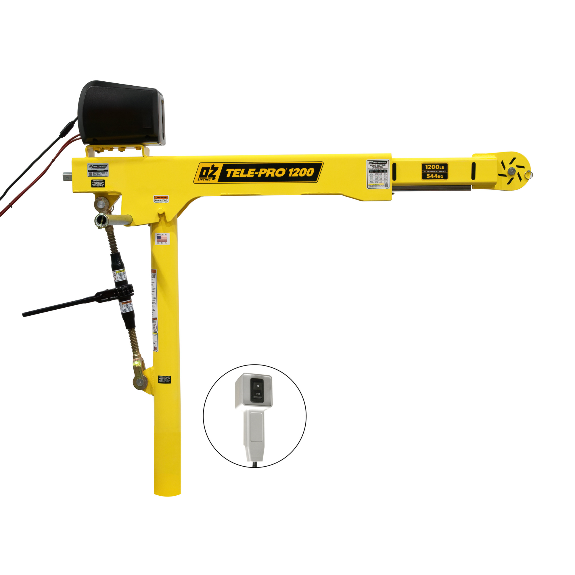 OZ Lifting Products Tele-Pro Davit Crane with DC Winch, 1200-Lb. Capacity, 58.25in. Height, Model# OZTP1200DAV-DCW